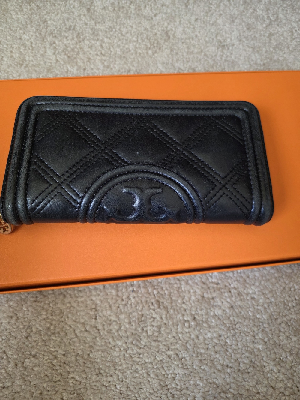 Tory Burch Black Quilted Leather Zip Wallet with Gold Logo Pull